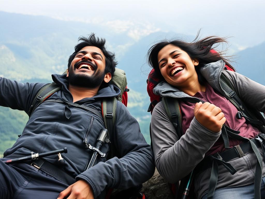 Two exhausted trekkers laughing on their backpacks at a viewpoint