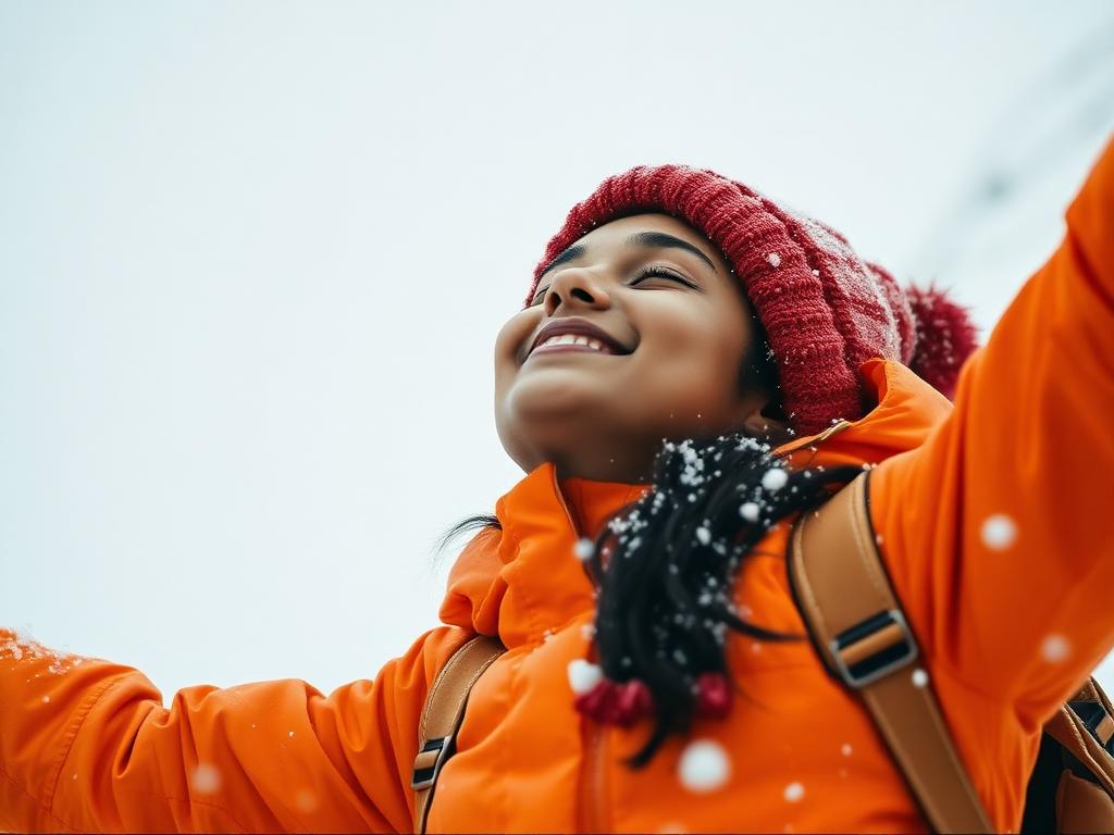 A traveller seeing snowfall for the first time, arms outstretched