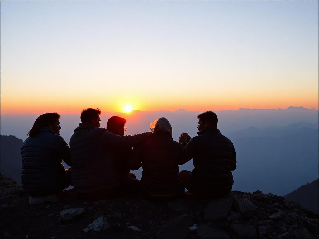 Travellers sitting shoulder to shoulder watching a Himalayan sunrise